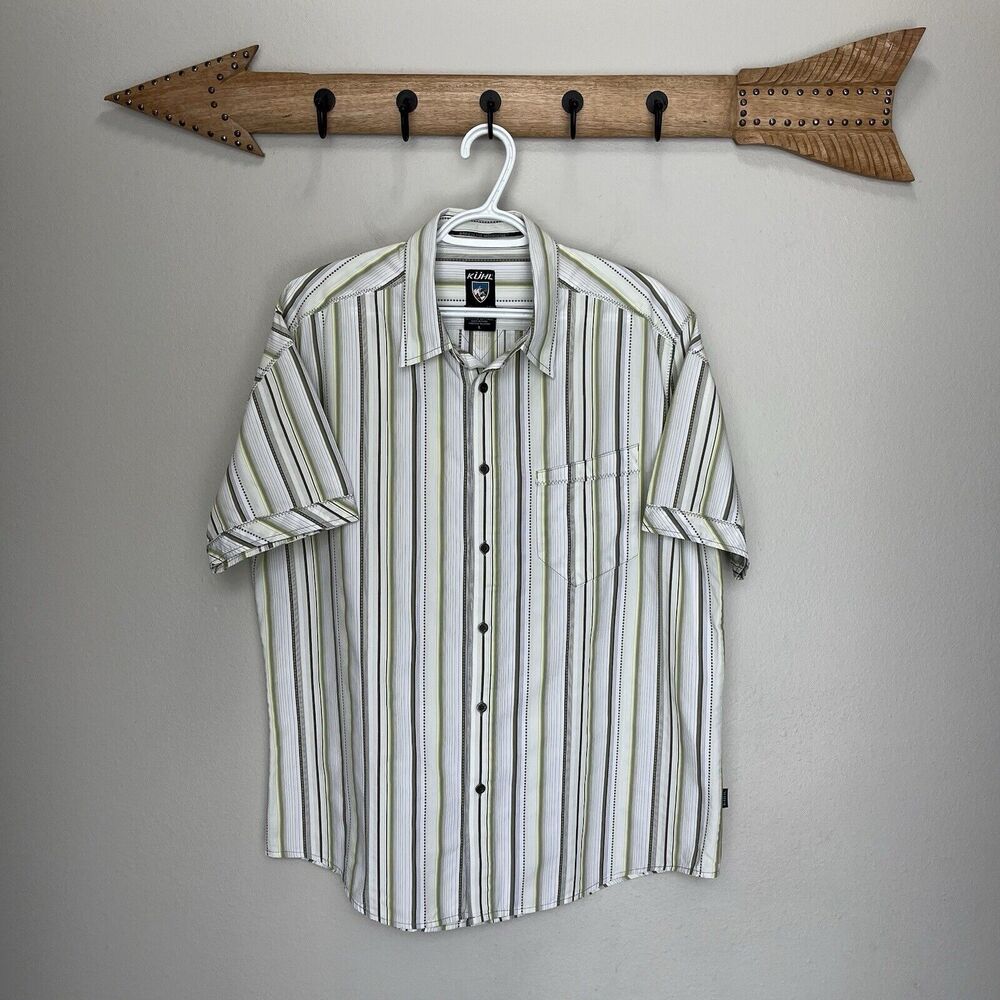 Kuhl | Suncel Button Up Shirt White & Green Striped Short Sleeve Large Tencel Bl